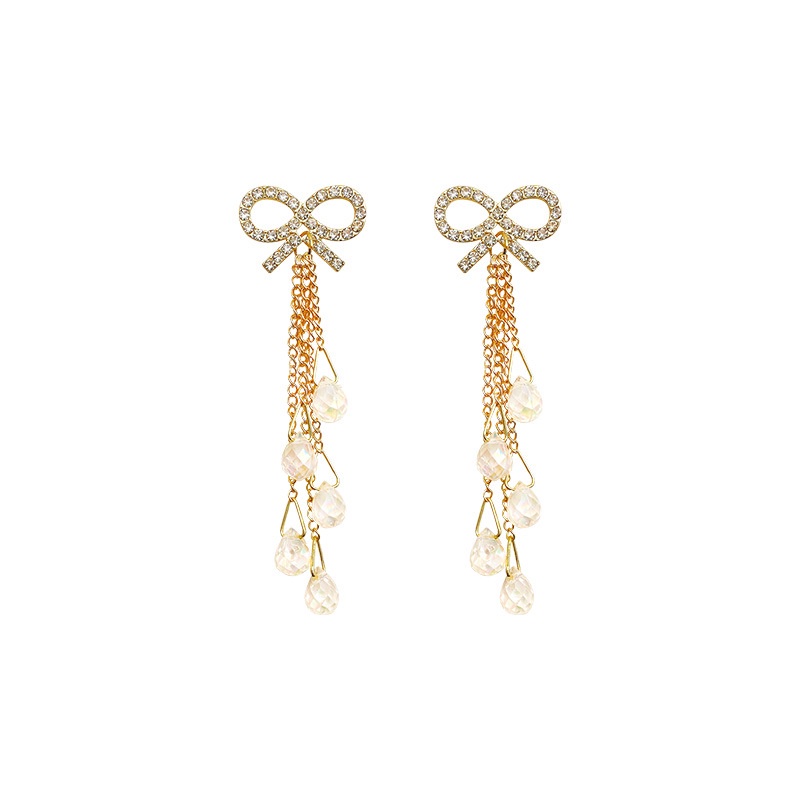 Anting Tusuk Gantung Panjang silver 925 Desain Pita Hias Kristal Berlian Untuk Wanita