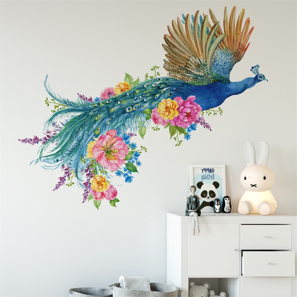 ღ 3D Terbang Warna-warni Bunga Peacock Wall Stiker Yang Dapat Dilepas Stiker Ruang Tamu Kamar Tidur Dekorasi Latar Belakang Mural Seni DecalsArt Yang Dapat Dilepas Stiker poster