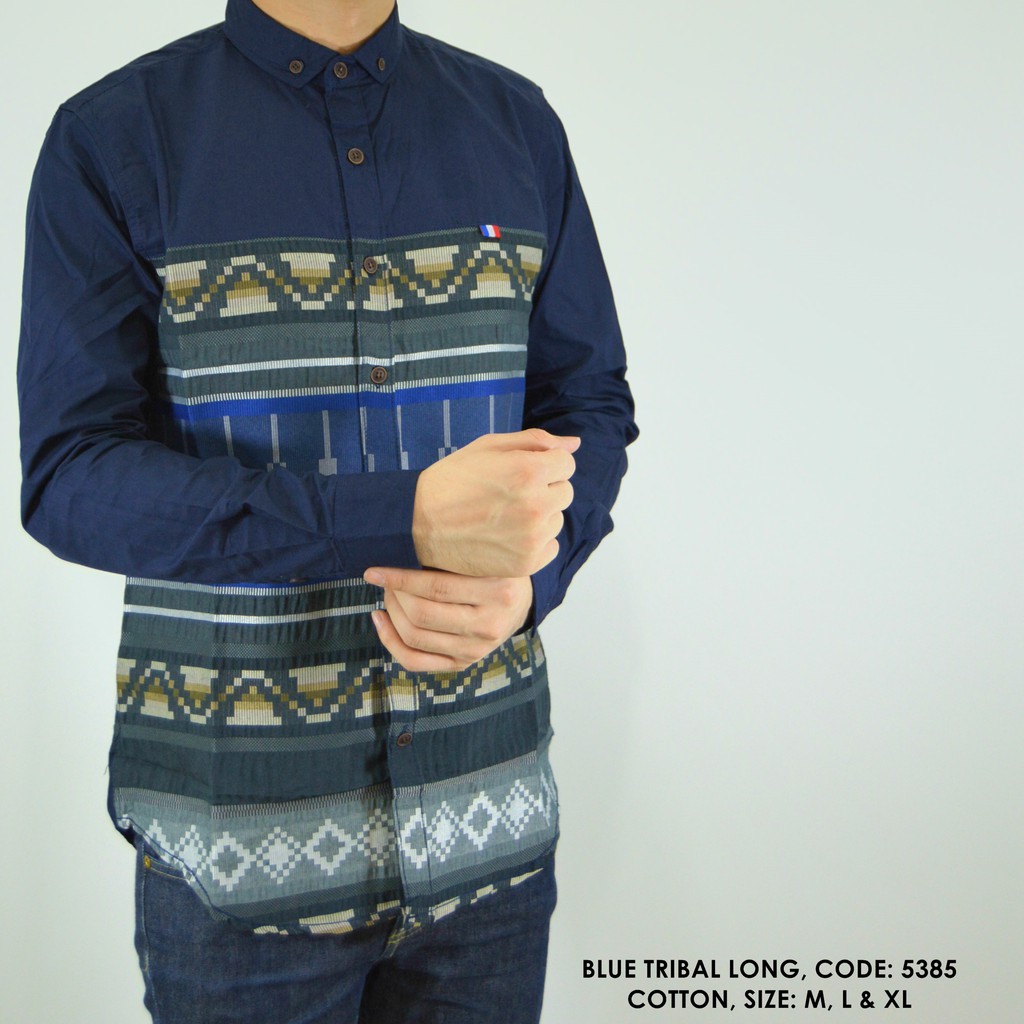 BAJU KEMEJA BATIK TRIBAL KOMBINASI POLOS COWOK PRIA