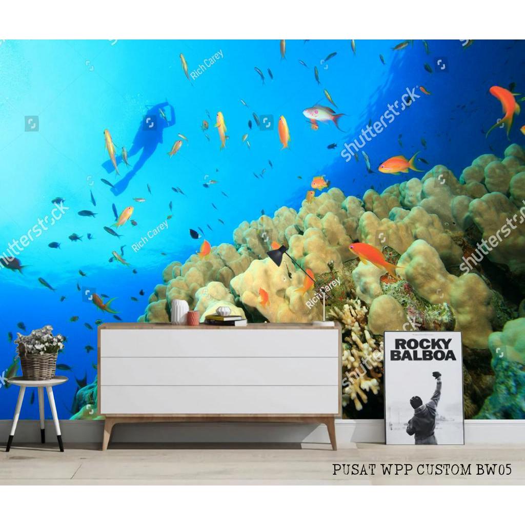 BERKUALITAS Wallpaper Sticker Dinding, Wallpaper 3d Pemandangan ikan Hias, 3d Wall Dekorasi Rumah