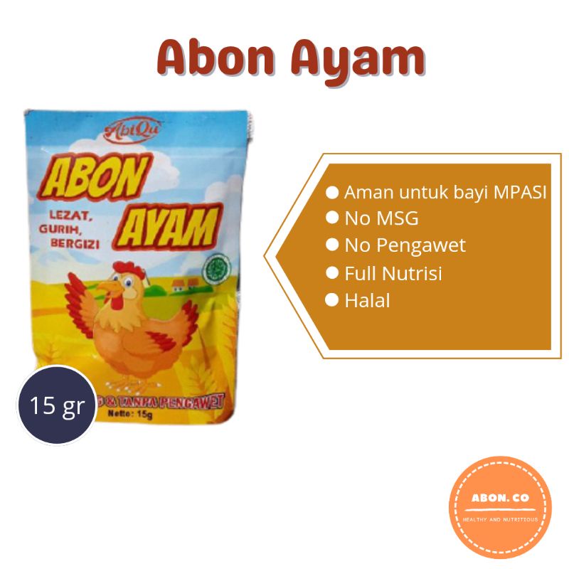 

ABON AYAM ABIQU BAYI MPASI 15gr SEHAT NON MSG TANPA PENGAWET