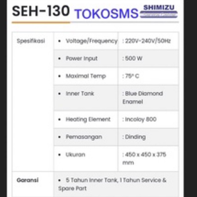 water heater shimizu 30 liter SEH-130 pemanas air SEH130