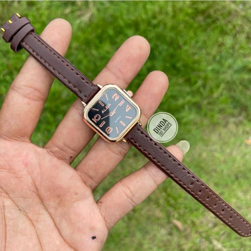 Jam Tangan Alba Tali Kulit Persegi Analog Kuarsa Fashion Wanita Stayl Korean Strap Kulit Frew Batrai Cadangan