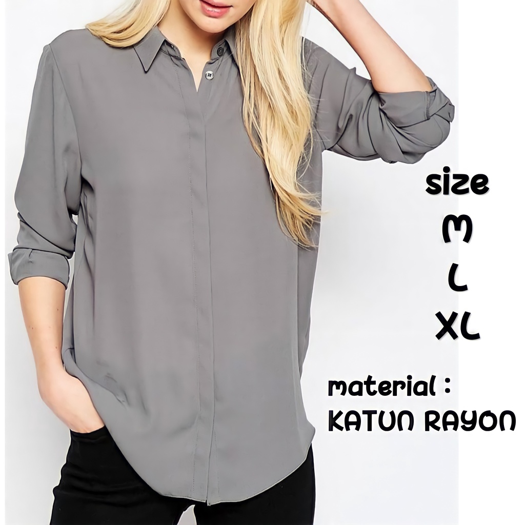 Baju Kemeja Blouse Polos Lengan Panjang Wanita Bahan Katun Rayon Premium Murah Import Bandung