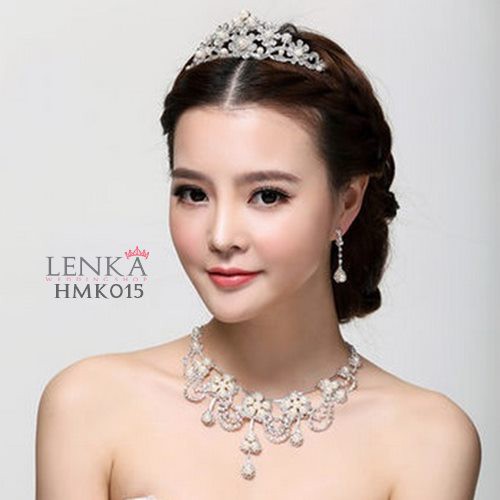 Aksesoris Mutiara Wedding Modern l Paket Crown Kalung Anting Pengantin Lenka - HMK015