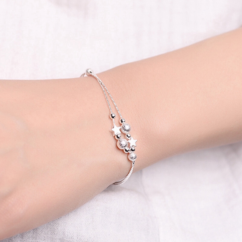 Fashion Aksesoris S925 Sterling Gelang Perak Desain Manik-manik Ganda Bintang Bentuk Gelang Kaki