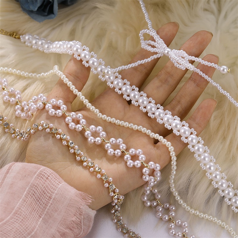 Kalung Rantai Multilayer Gaya Korea/Vintage/Retro Motif Bunga/Mutiara Imitasi/Pita untuk Wanita