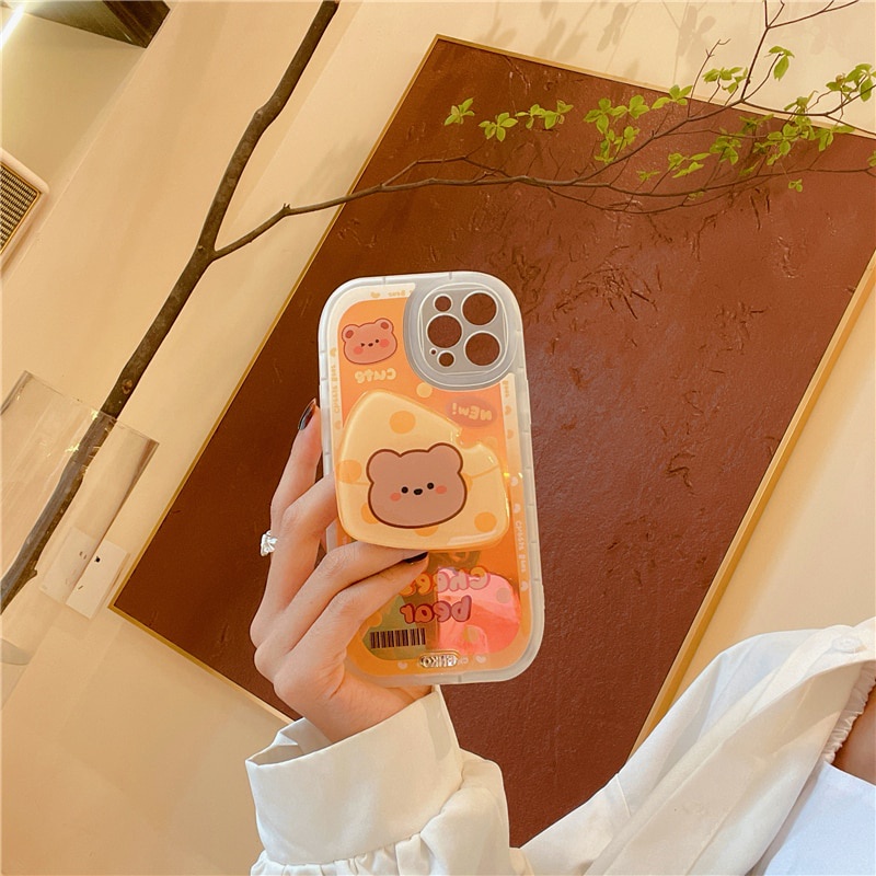 Case Pelindung Bahan Silikon Warna Gradasi Laser Dengan Holder Beruang Peach Untuk iPhone 11 12 Pro Max 7 8 Plus X XR XS Max