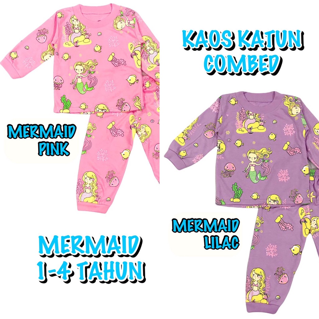 (1 KG MUAT 7 STEL) BAJU TIDUR ANAK KIDS PEREMPUAN/CEWEK SETELAN/STELAN BAHAN KAOS KATUN PP WARNA MERMAID/PUTRI DUYUNG