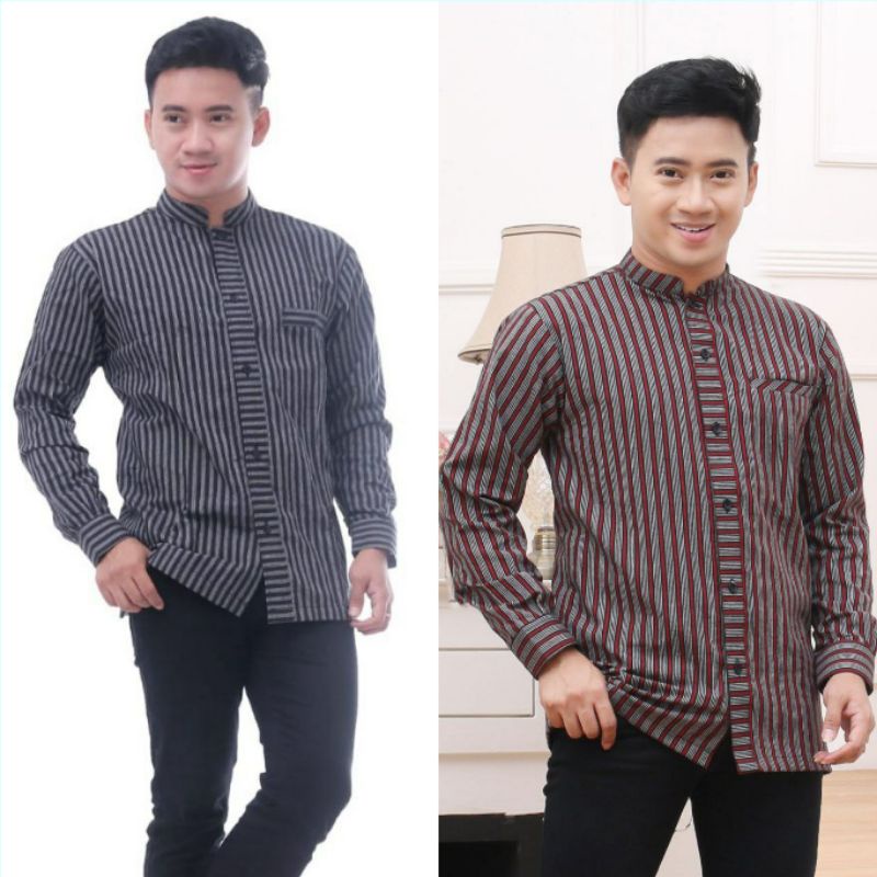 Kemeja lurik ATBM.tenun kombinasi tetron rayon.kerah koko.M L XL LD 108 110 112.Abu merah hitam.Peka