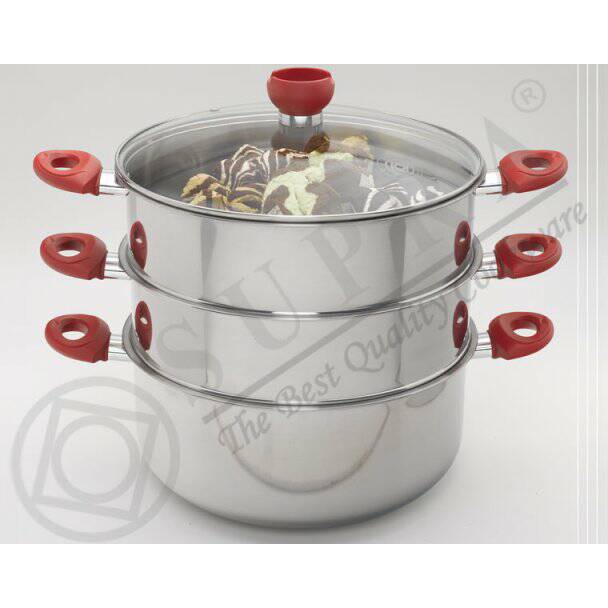 Panci Susun 3 Supra Super Steamer 32 Cm Besar Stainless Steel Kukus Tingkat Masak Arisan Tutup Kaca