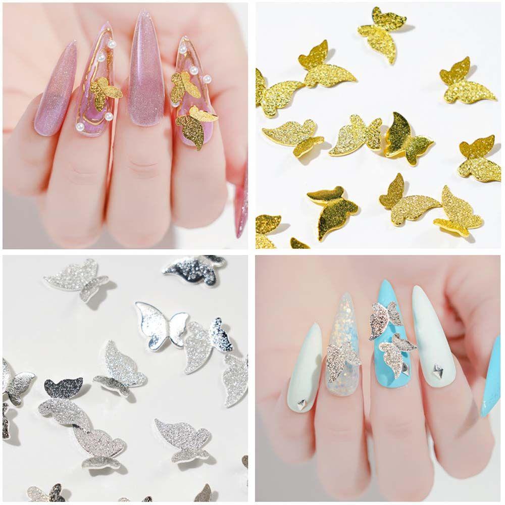 AUGUSTINA Agustina Butterfly Nail Art Dekorasi Wanita Jepang Warna Emas Perak Hiasan Kuku Frosted 3D Nail Jewelry