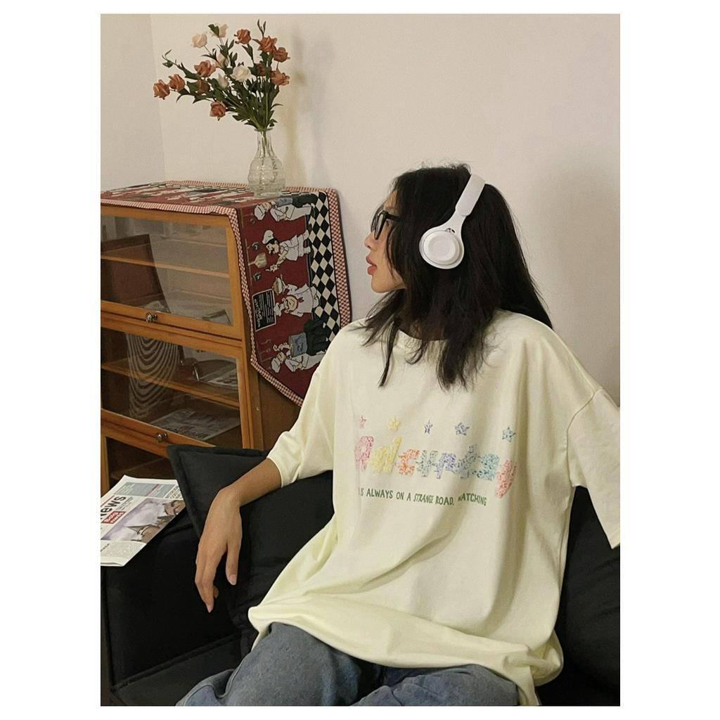 100% cotton baju atasan wanita lengan pendek star graphic printed t-shirt oversize korean style import kaos cream