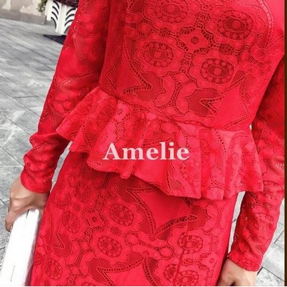 BEST SELLER Dress Import Long Gaun Pesta Lengan Lace Brukat Korea Black Red Merah Wanita Murah