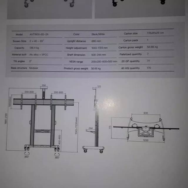 NORTH BAYOU AVT1800-65-2A STANDING BRACKET LED DUAL SCREEN  MOBILE CART 40-65 &quot;X2A MURAH !!!!