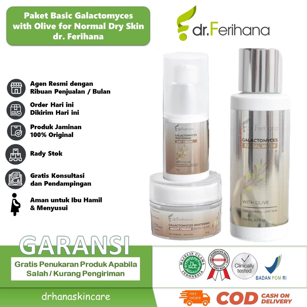 Paket Basic Galactomyces Brightening &amp; Flex for Normal To Dry Skin dr. Ferihana Cosmetics &amp; Skincare Rangkaian Perawatan Wajah untuk Kulit Normal Kering Kombinasi untuk Mencerahkan Memudarkan Flek Anti Aging dan Keriput BPOM LPPOM HALAL MUI