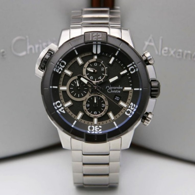 Jam Tangan Pria Alexandre Christie Ac 6554 MC Silver Black Original Fashion Pria