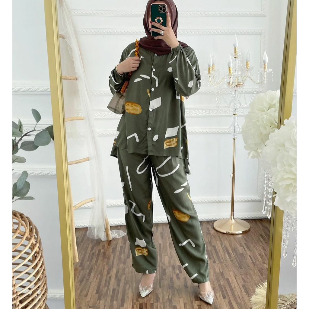 One set Rayon Premium Setelan Piyama Motif Terbaru-Caris Green Set