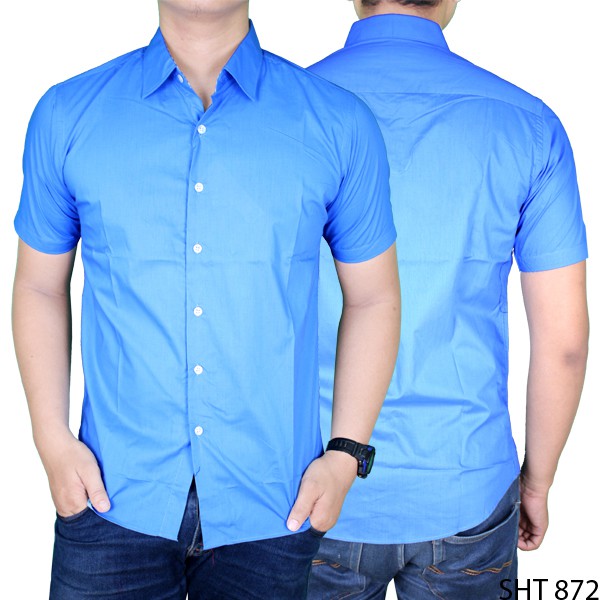 Kemeja Pria Lengan Pendek Polos Slim Fit Katun Biru SHT 872