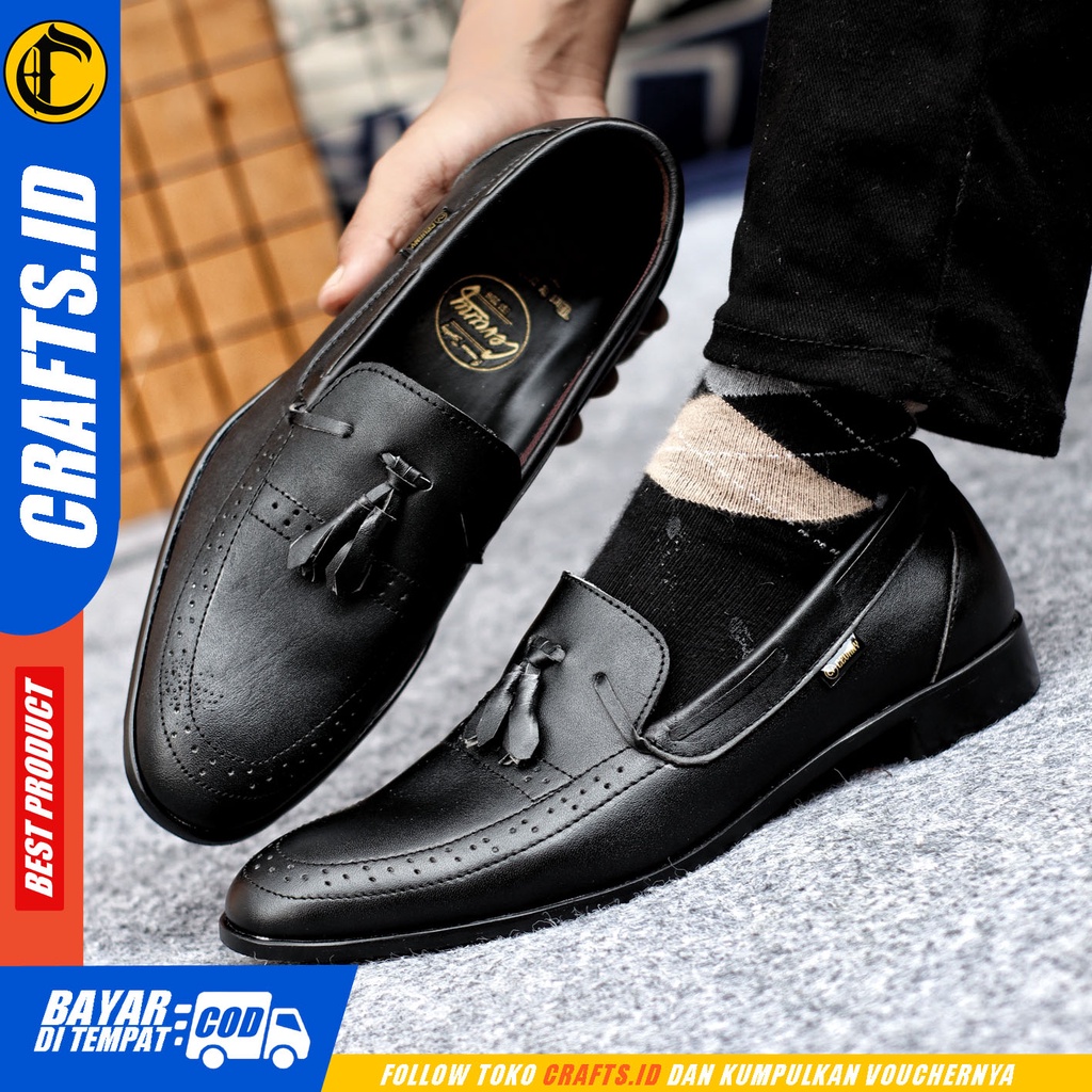 Sepatu Formal Pria Sepatu Pantofel Pria Kulit Asli Slop Sepatu Pantopel Hitam Kerja Kantor CRAFTS DEROSSA