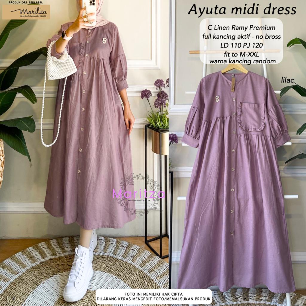 MIDI DRESS/GAMIS SUPER CANTIK FULL KANCING AKTIF ~ BAHAN COTTON LINEN RAMY PREMIUM ~ AYUTA MIDI DRES