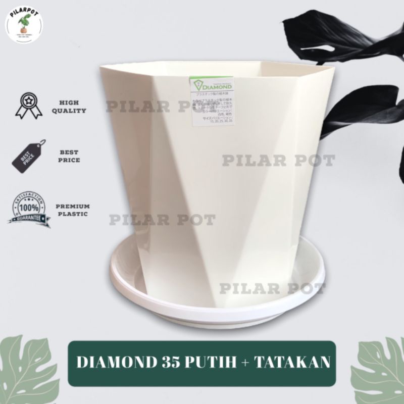 POT BUNGA TANAMAN TINGGI TABITHA DIAMOND 35 PUTIH + TATAKAN PUTIH