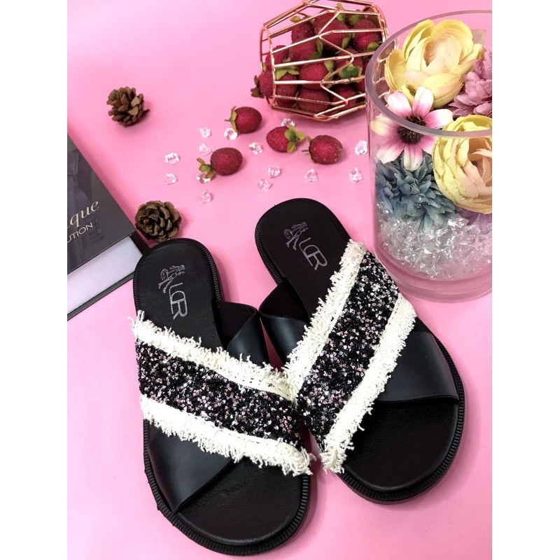 Sandal Slop Silang Gliter BEST SELLER Import LCR 2058-2L-Hitam