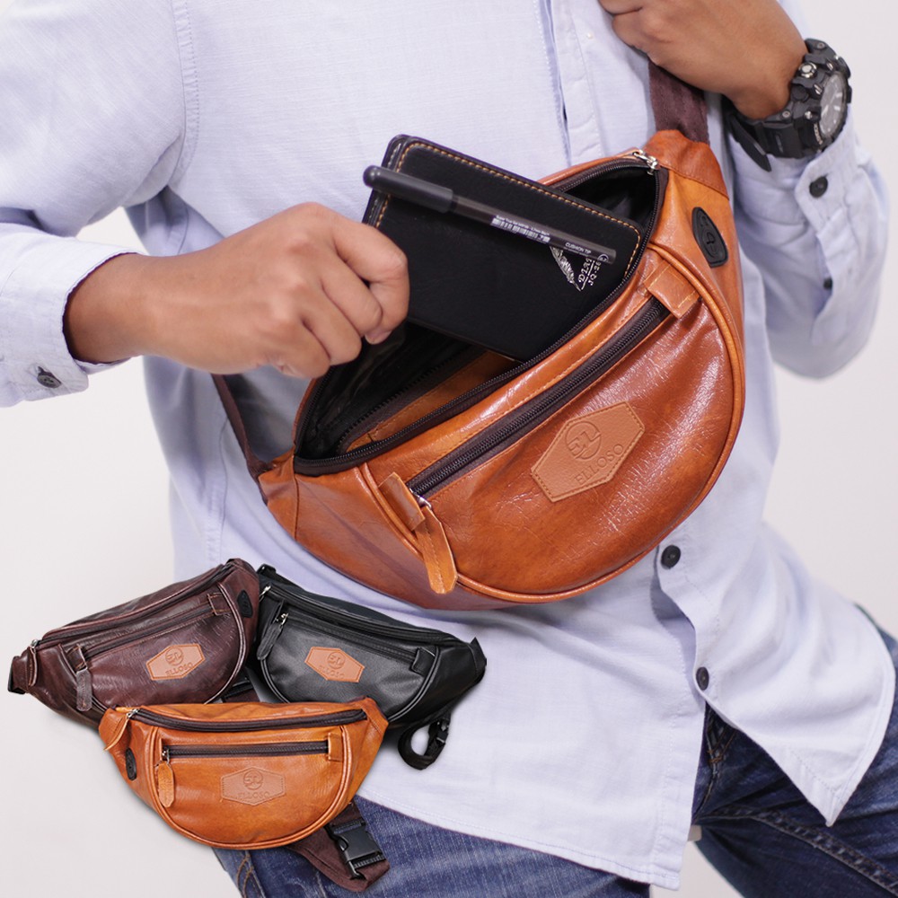 TAS PRIA WAISTBAG COWOK FUNGSIONAl ADA LUBANG BUAT HEADSET BAHAN BERKUALITAS EWL03