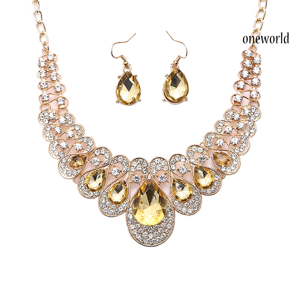 OW@ 2Pcs/Set Teardrop Rhinestone Statement Bib Necklace Earrings Bridal Jewelry Gift