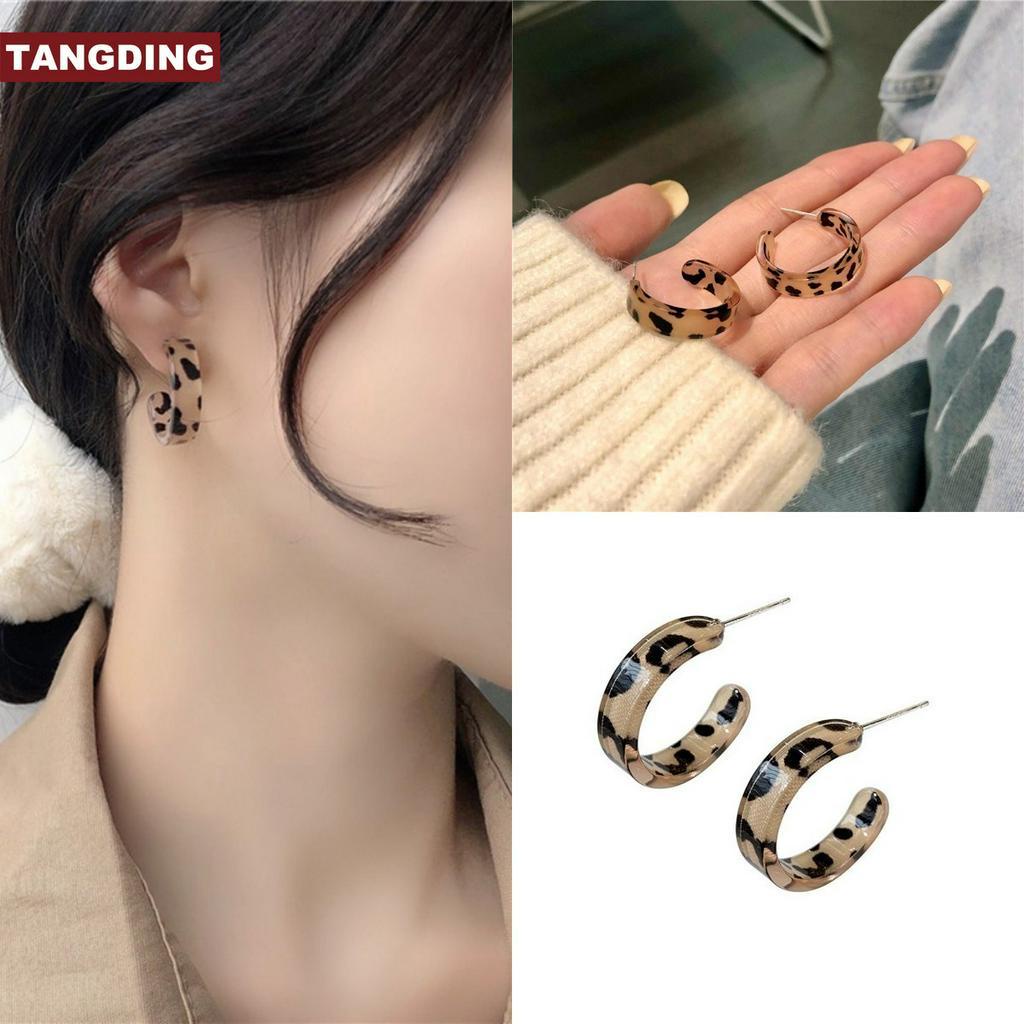 Anting Stud Bentuk Lingkaran Motif Print Leopard Gaya Korea Untuk Aksesoris