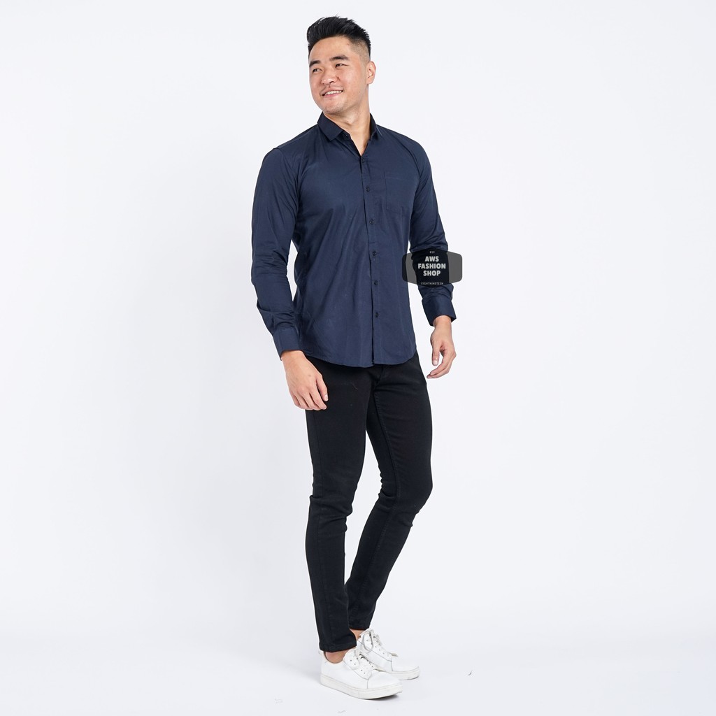 Kemeja Pria Lengan Panjang Polos Biru Navy Dark Blue Navy Polos Slimfit Casual 3264