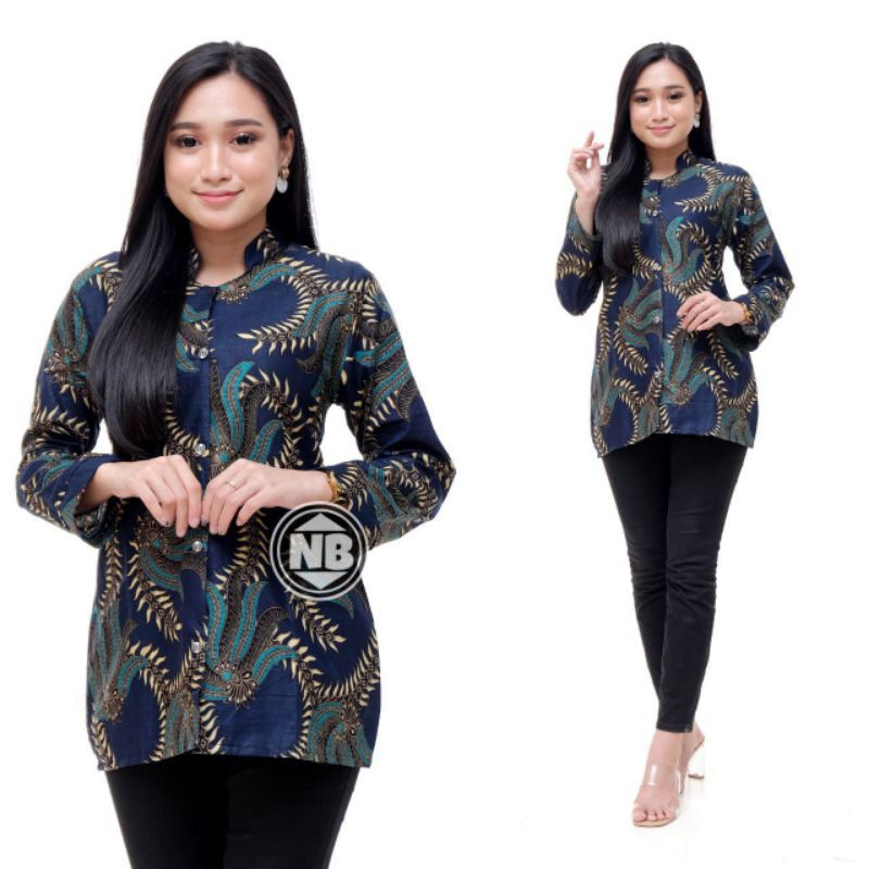 tey-17 Batik wanita ASJ SA HRB026 Kenongo Kemeja Tosca Pendek-Daun navy
