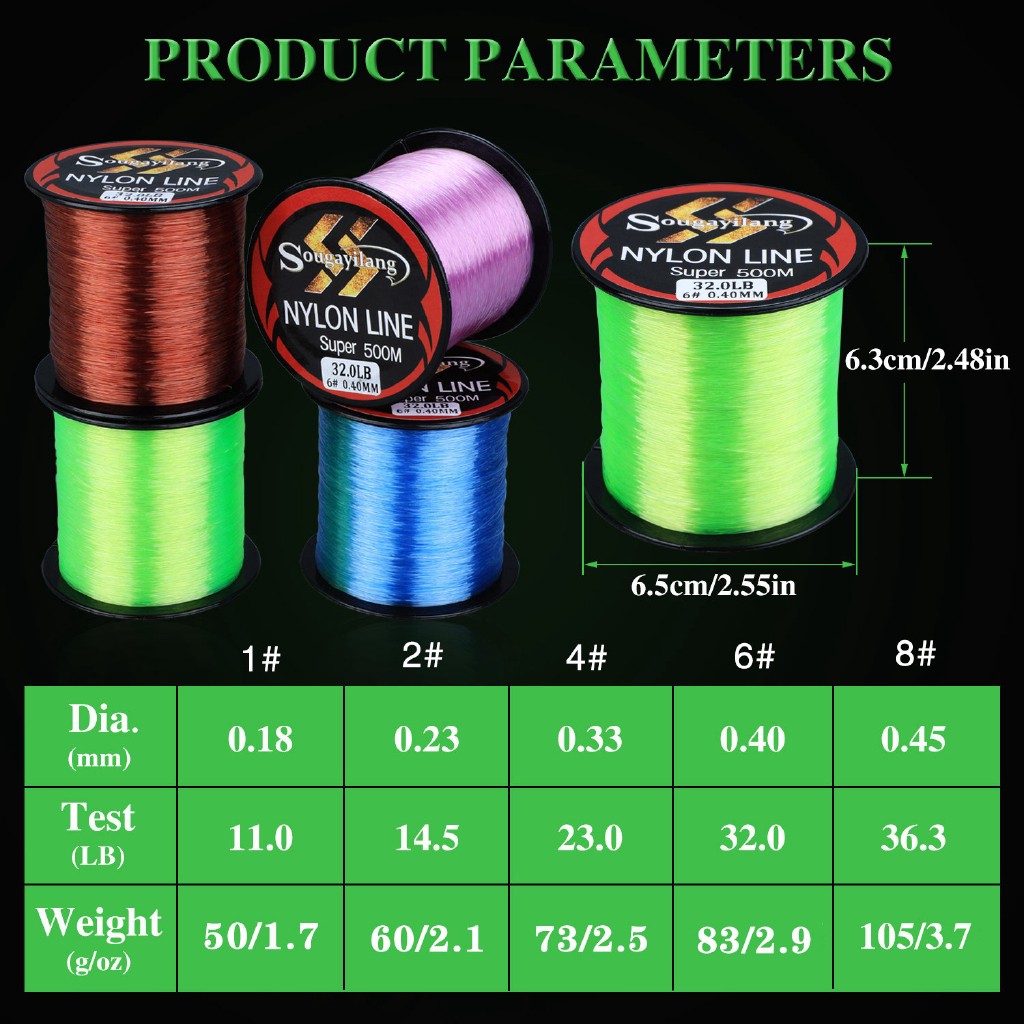 500M Senar Pancing 3 Colors Senar Pancing 11-36.3Lb 500 Meters Nylon Fishing Line senar pancing kuat dan anti keriting