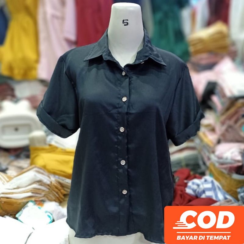 Kemeja Wanita Polos Casual Atasan Blouse Basic Putih Hitam Lengan Pendek Kekinian  Shakila Twill