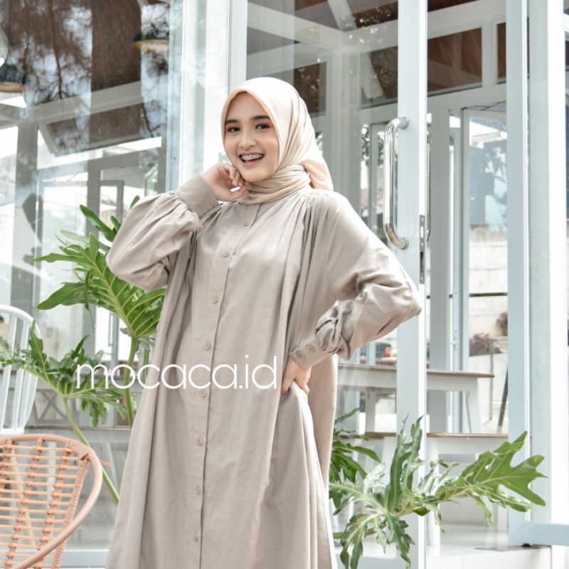 Dress Cream Elegan Ootd Hijabers bahan katun linen rami lengan kancing casual klasik dovey