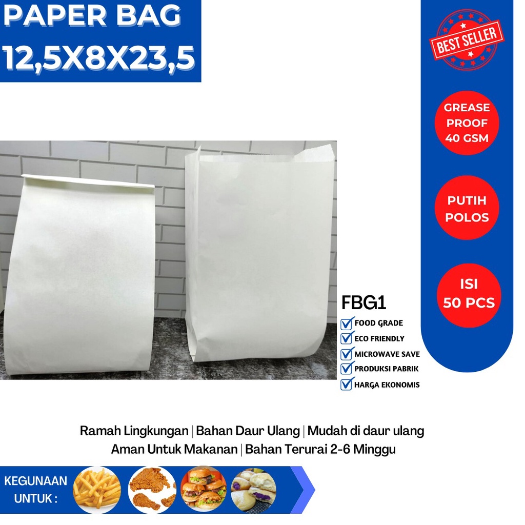 Paper Bag Roti Size 12.5x8x23.5 (Isi 50 Pcs-FBG1W)
