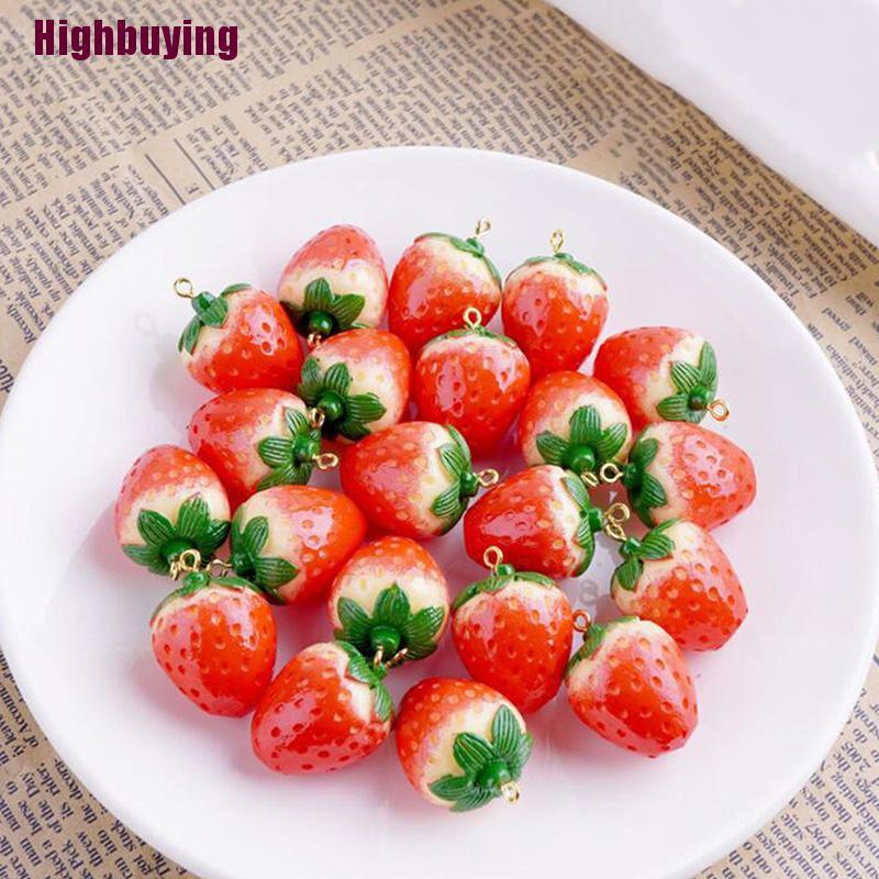 Hbid 10Pcs Liontin Bentuk Buah Strawberry Merah 3D Bahan Resin Untuk DIY Perhiasan