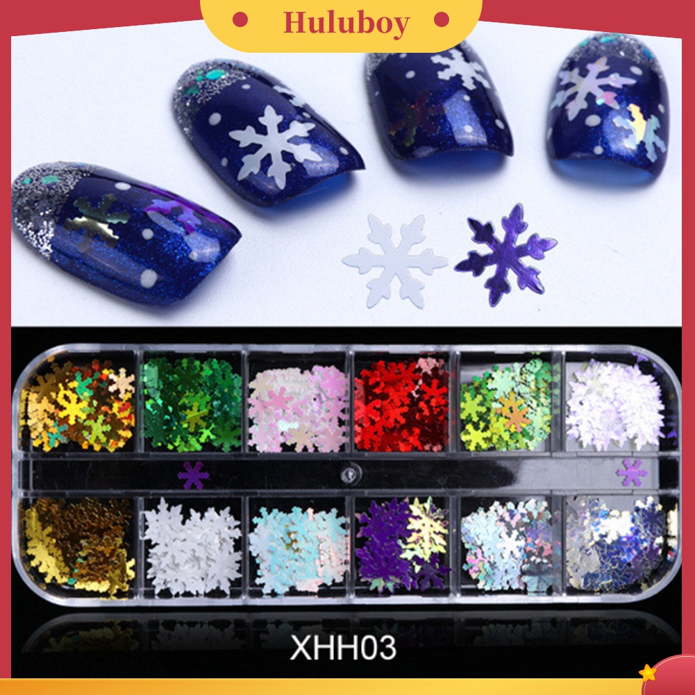 Huluboy Huluboy♡ 12 Sekat Payet Glitter Snowflake 3D Multi Warna Untuk Dekorasi Nail Art