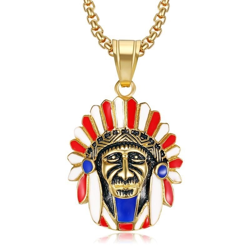 2022 Kalung Rantai Liontin Kepala Suku Indian Bahan Titanium Steel Lapis Emas Untuk Pria