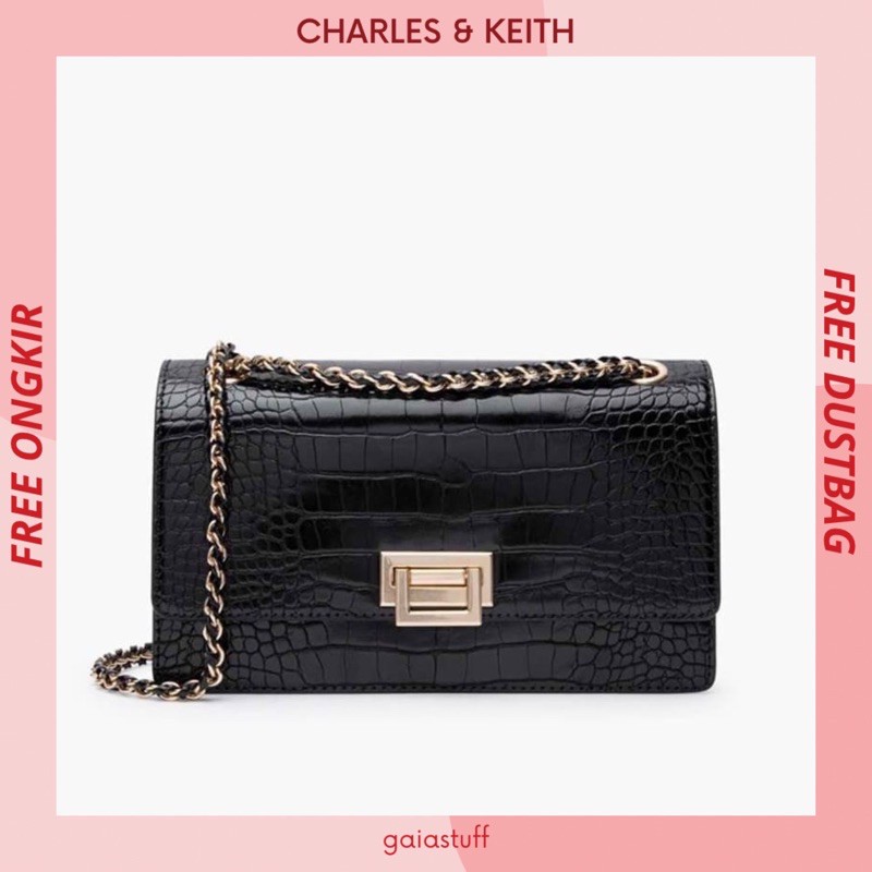 Sale 6.6 Tas Charles & Keith Ck Croco Front Flap Textured Chain Handle Cnk