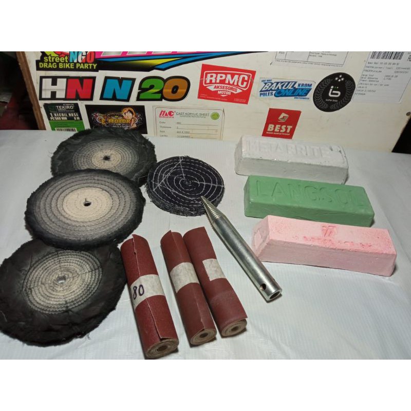 bahan poles lengkap batu poles-amplas-kain poles-as dinamo kerucut