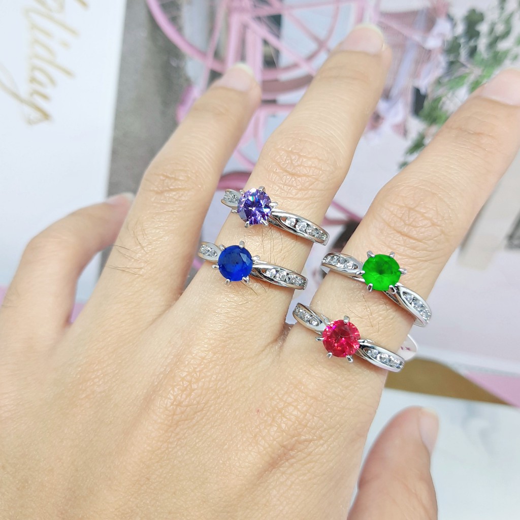 Cincin Xuping Premium Asli Batu Biru Hijau Ungu Merah Lapis Emas Putih Silver - BR558