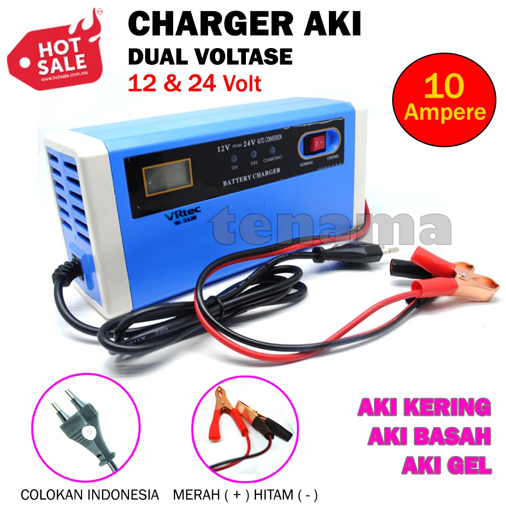 Charger Aki 12-24V 10A Portable Mobil  dan Motor Dengan Intelligent Chip VRtec