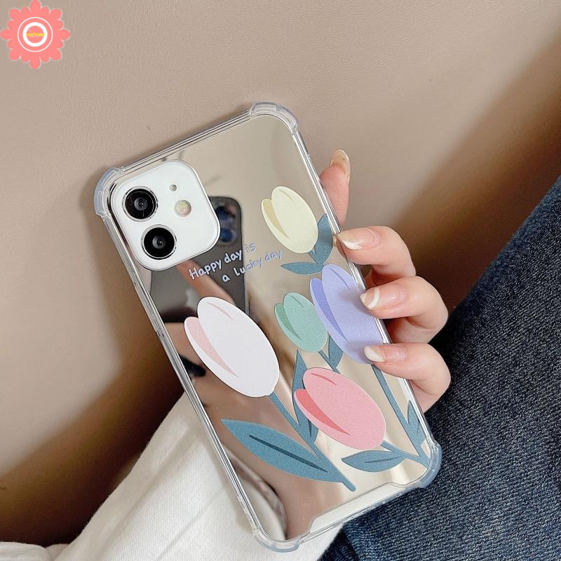 Soft Case Tpu Motif Bunga Tulip Dengan Cermin Untuk IPhone 12 13 11 Pro Max 7 8 11 7Plus 8Plus X XS Max XR SE 2020