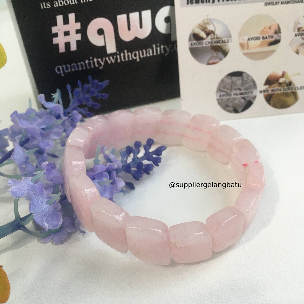 Gelang Batu ROSE QUARTZ CUTTING PANJANG limited natural asli akik PINK