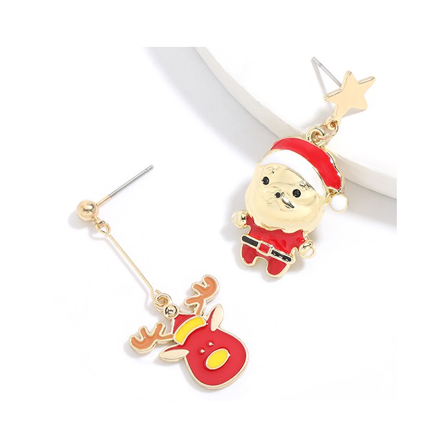 LRC Anting Tusuk Natal Fashion Santa And Deer Alloy Drip Oil Santas Elk Earrings P14699