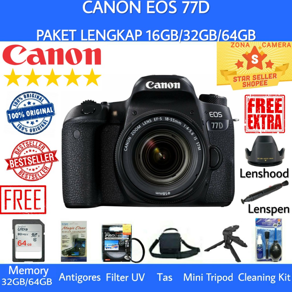 CANON EOS 77D KIT 18-55MM IS STM WIFI - PAKET LENGKAP 32GB/64GB