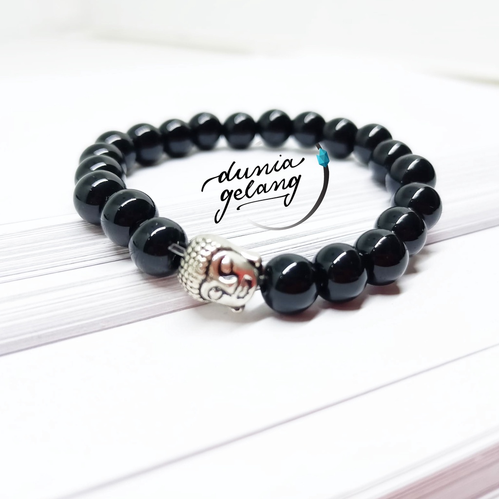 GELANG BUDDHIST  BATU GIOK HITAM BUDDHA / GELANG GIMITRI LOKAI / GELANG PRIA WANITA COWOK CEWEK TALI KARET / DUNIAGELANG.ID GL