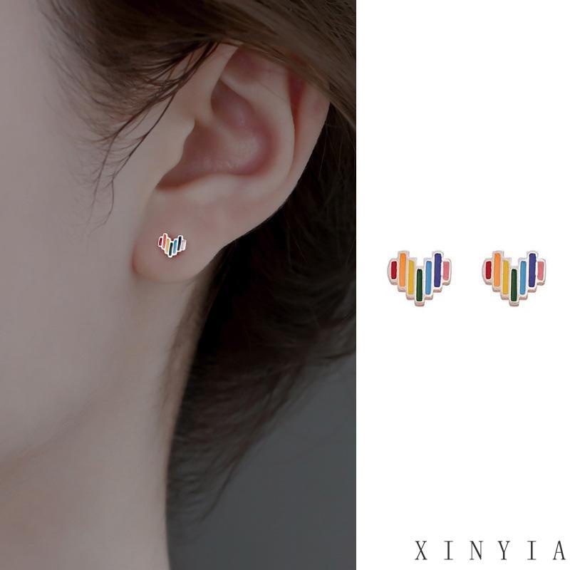 Anting Stud Desain Hati Warna Pelangi Bahan S925 Silver