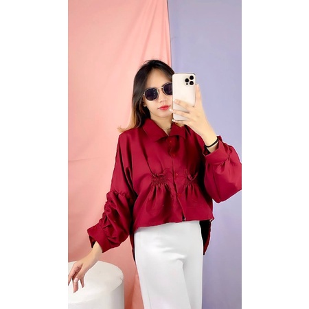 Tq88indonesia Fashion Blouse Serut  Lengan Panjang / SEORINA SHIRT XXL  / Blus / Busana Casual Wanita Terbaru / Baju Atasan Cewek / Ootd / Oufit Kasual Kekinian